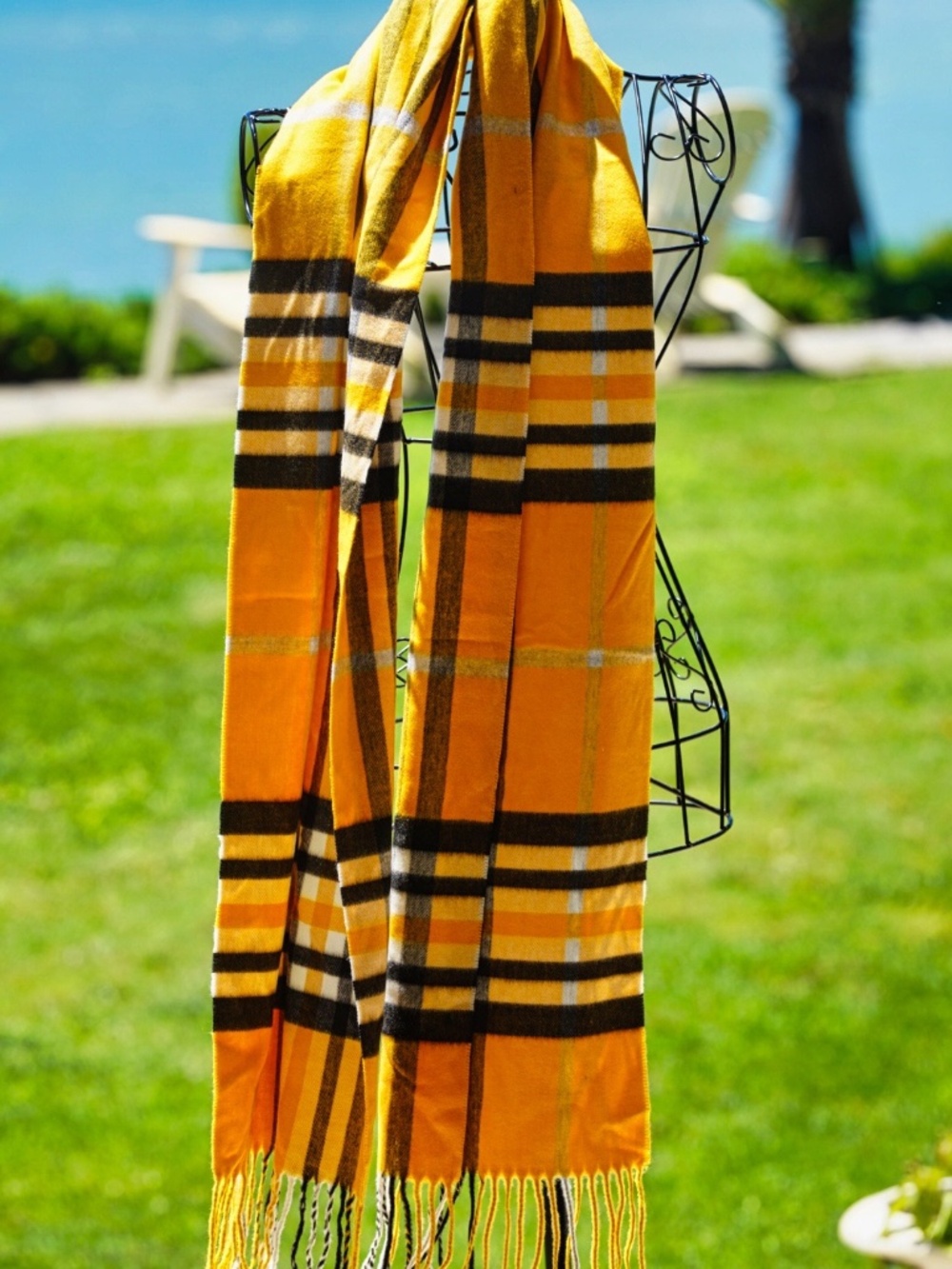 Made In Scotland 100% Cashmere Yellow Black Nova Check Plaid Fringe Scarf OS